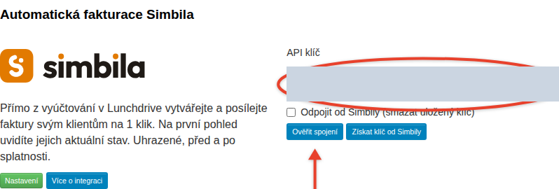 Box Automatická fakturace Simbila s polem API klíč a tlačítkem Ověřit spojení